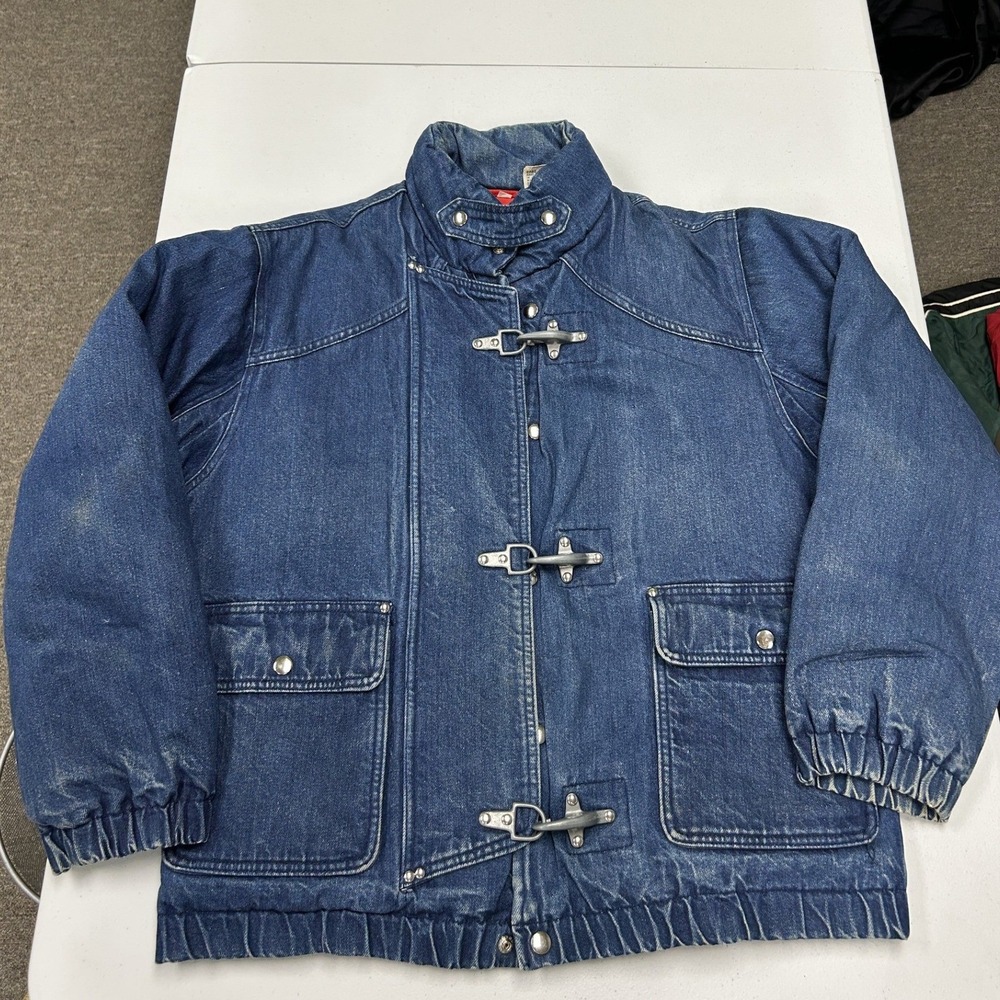 Vintage Denim Puffer Jacket womans M Blue Down Fill Lobster Clasp Fireman Coat